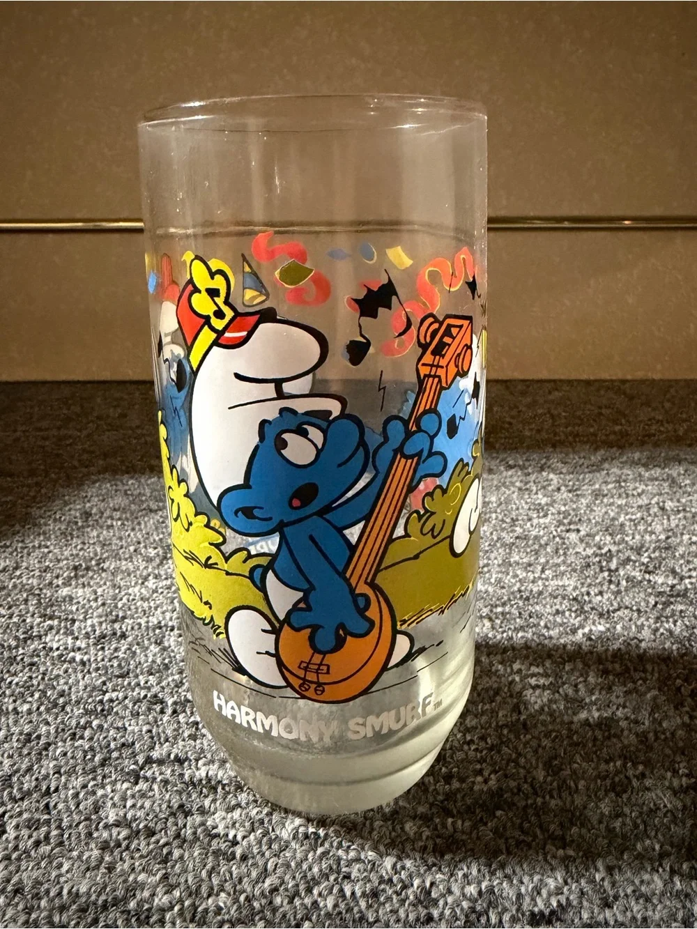 McDonald's Clear Glass Smurf Cup with Vintage 1983